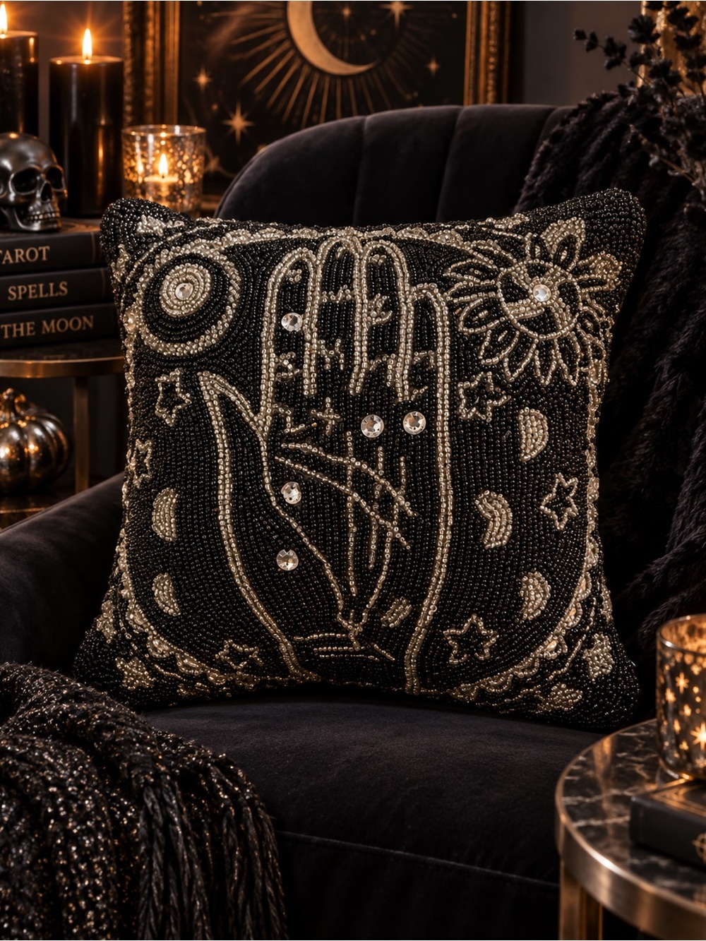 Midnight Spell Hand Tarot Beaded Pillow Sun Moon Stars Halloween Silver & Black.